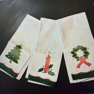 3 Vintage Lillian Vernon Christmas Tea Towel 100% Cotton Embroidered Applique/Vn